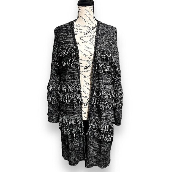 Knox Rose L Black White Fringe Cardigan Boho Open Front Chunky Knit Sweater Coat - Picture 7 of 11